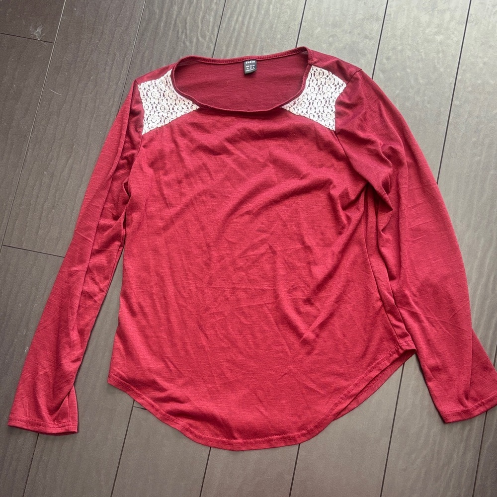 SHEIN Red Long Sleeve Top with Lace Detail